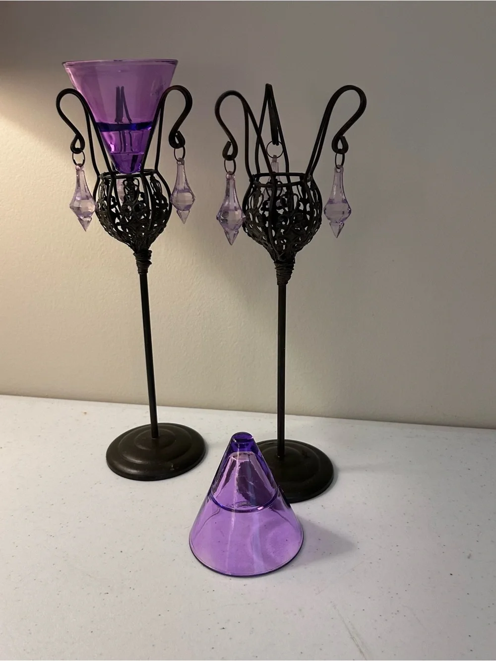 2 Purple Glass Cone Tealight Candle Holders Metal Stands Whimsy Glow Set